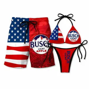 Busch L!ght Apple Inspired Couple Swimwear – USA Flag Patriotic Bikini & Men’s Hawaiian Beach Shorts, Summer Pool Party Vacation Set