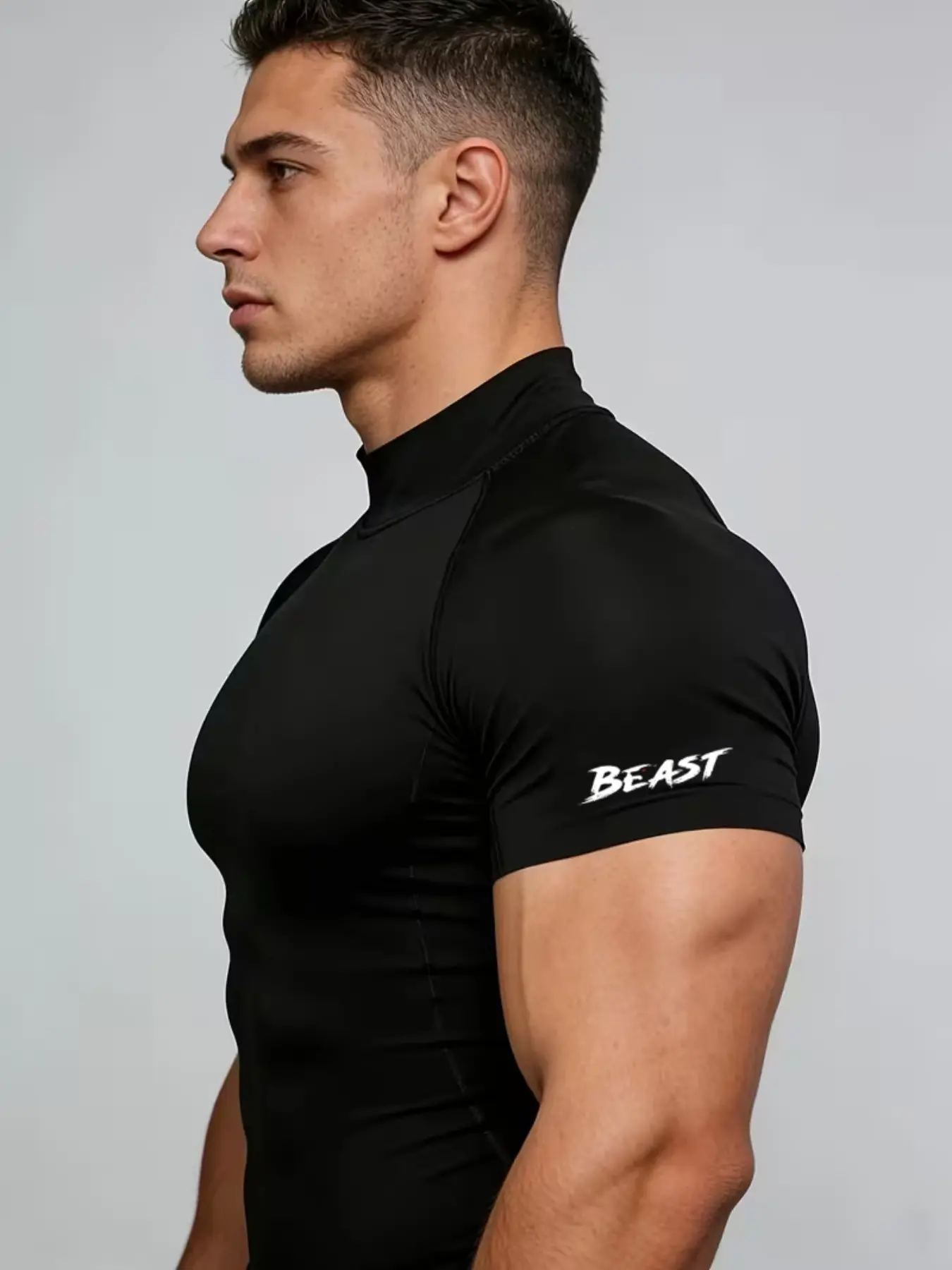 Men's Slim Fit Fitness Tee - BEAST Sleeve Print, High Stretch, Polyester Blend, Fitness Apparel, Fitness Clothes, Perfect for Gym, Weight Training & Street Style, Black