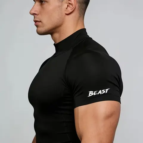 Men's Slim Fit Fitness Tee - BEAST Sleeve Print, High Stretch, Polyester Blend, Fitness Apparel, Workout Clothes, Perfect for Gym, Weight Training & Street Style, Black