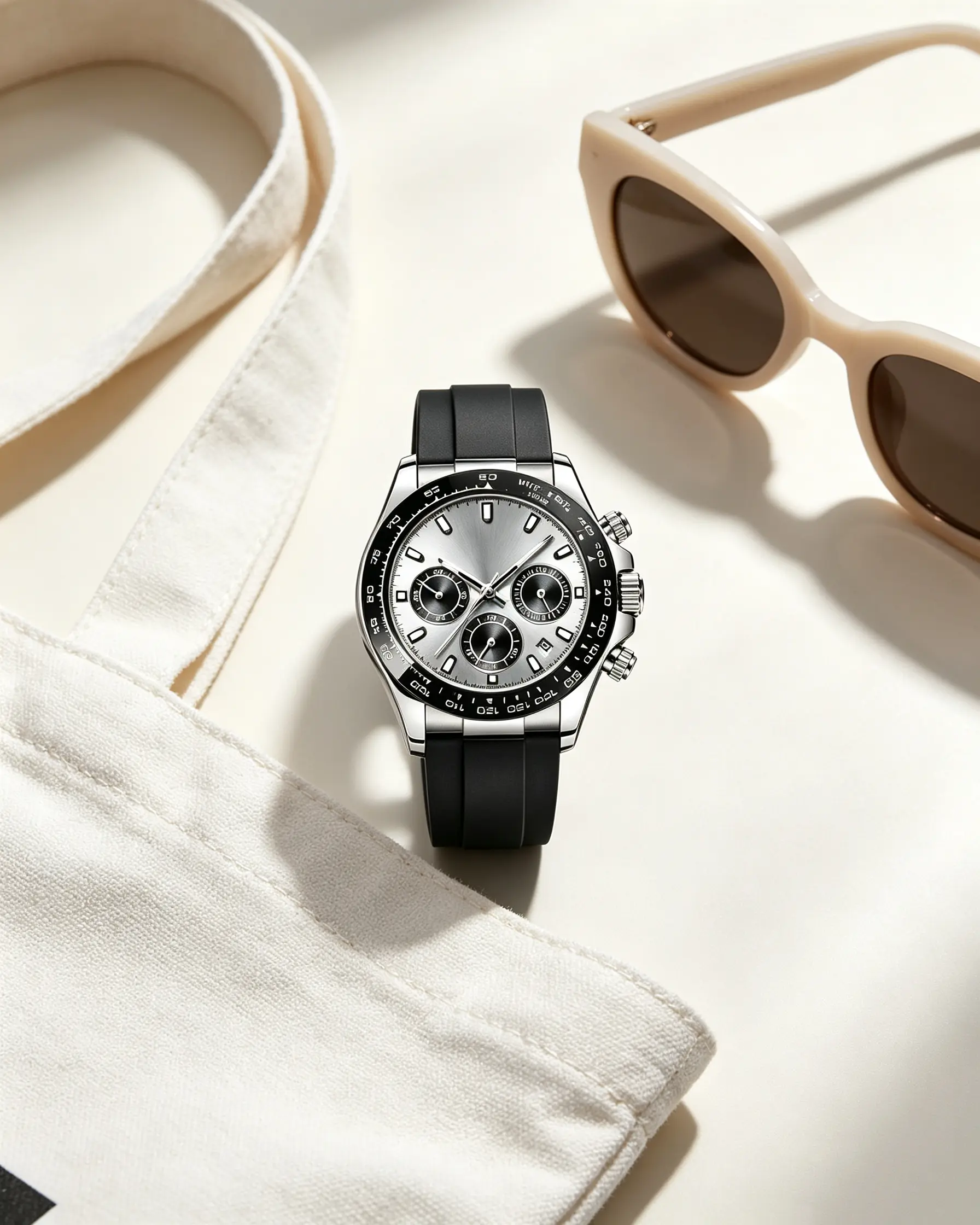 Quartz 2-Tone Silver Alloy Matte Ceramic Outdoor Racing Timer Watch with Flexible Rubber Strap