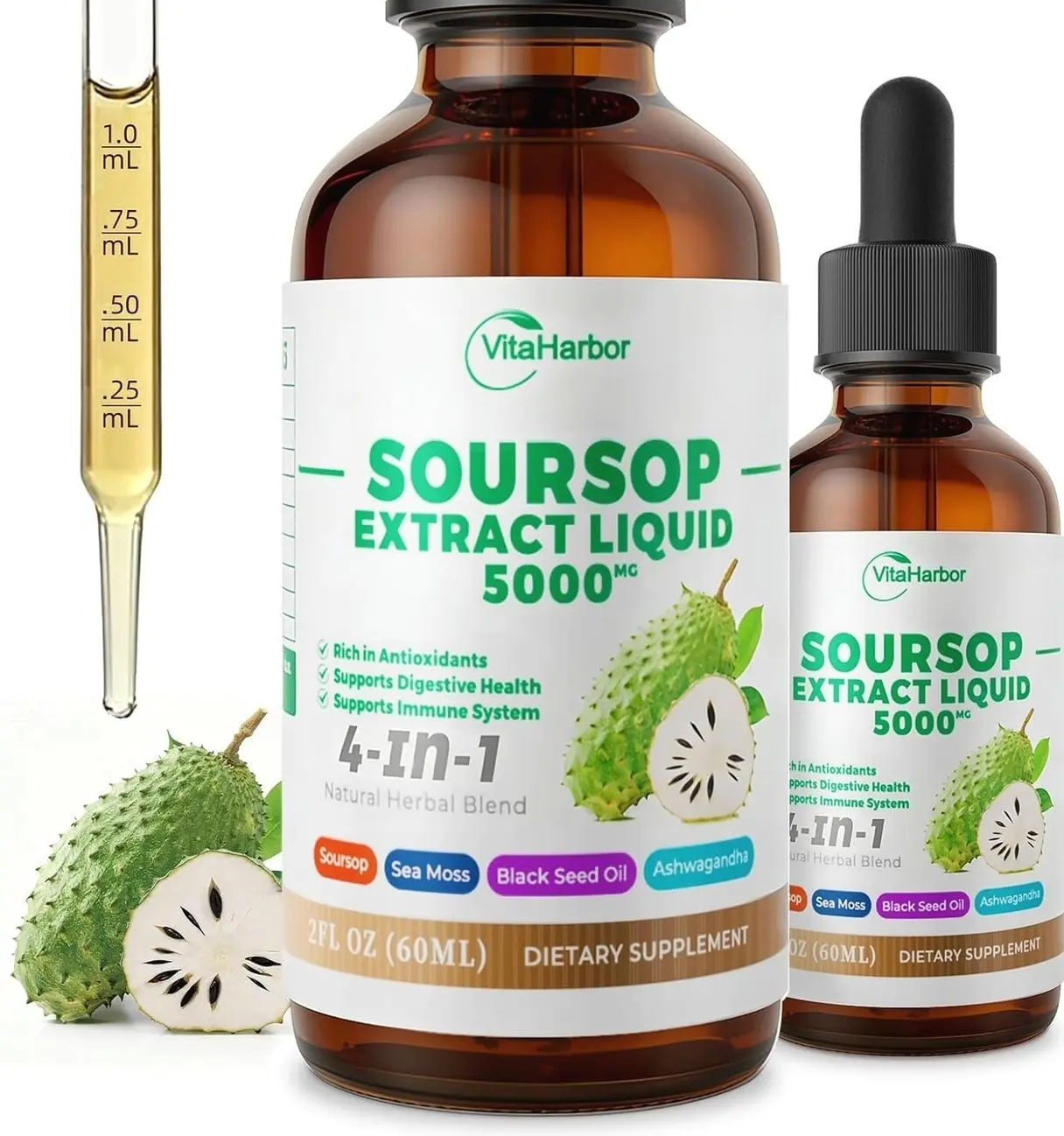 4-in-1 Soursop Bitters Liquid, Soursop Oil with Sea Moss & Black Seed Oil & Ashwagandha, for Immune & Digestive & Cell Support, Sugar-Free | Non-GMO | Vegan (2 Fl oz) Slightly Sweet Flavor