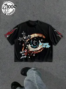 Unisex 100% Cotton Y2K Evil Eye Cross Print Oversized T-Shirt | Dark Streetwear "BE REAL NO CAP" Vintage Top