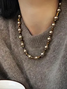 Natural Tiger Eye Stone & Faux Pearl Decor Elegant Beaded Necklace for Women & Girls, Fashion Jewelry for Party, Daily Decor, Trendy All-match & Exquisite Jewelry for Birthday Gift