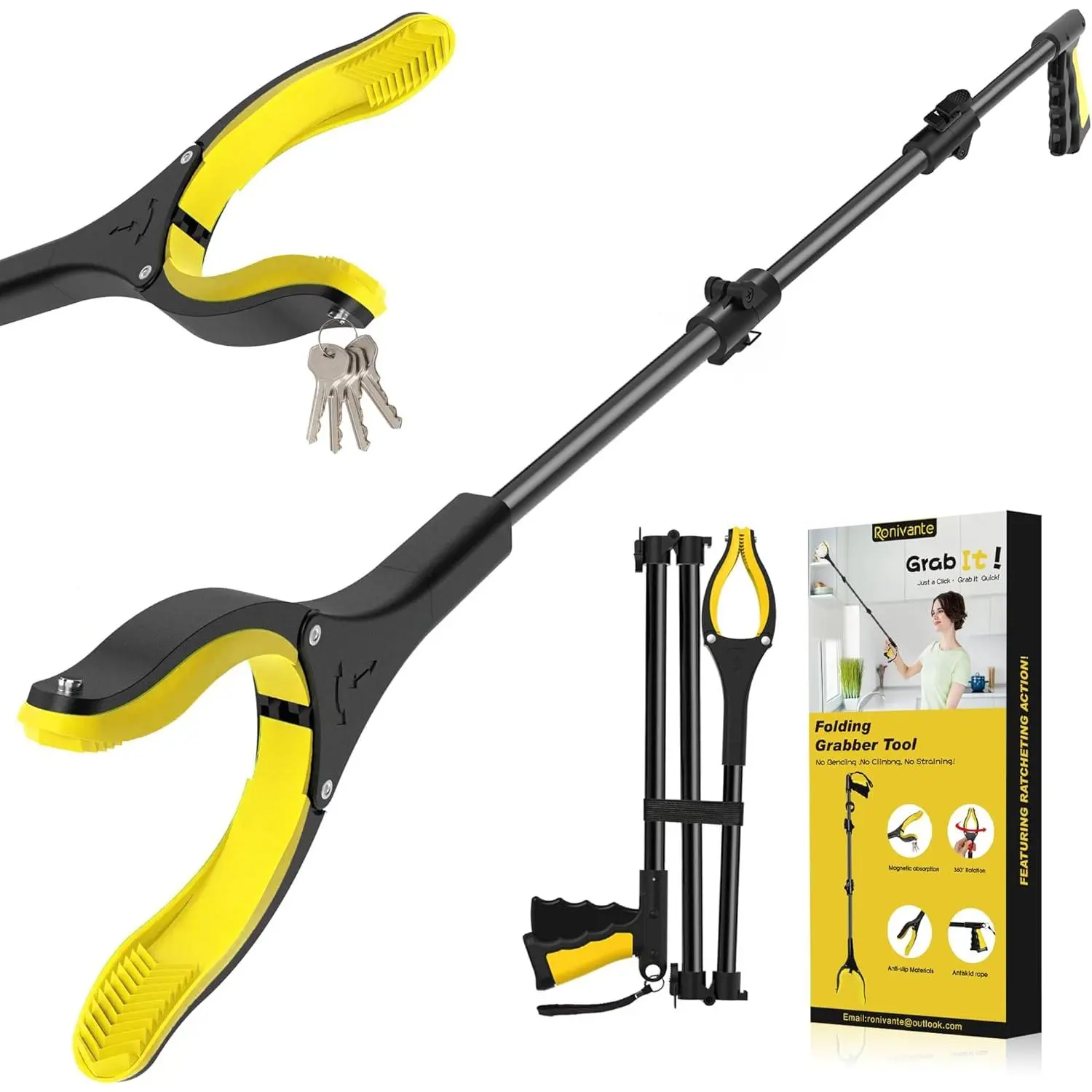 48 Inch Long Tool,Foldable Pick Up Stick with Grip,360° Rotating Anti-Slip Jaw 4 Wide Claw Opening,Hand for Reaching