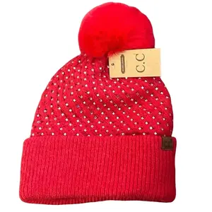 C.C Dazzling Rhinestone Pom Beanie for Women - A Glamorous and Cozy Winter Essential with Sparkling Accents casual knit hat casual warm winter beanie knit beanie beanie hat winter beanie warm hat