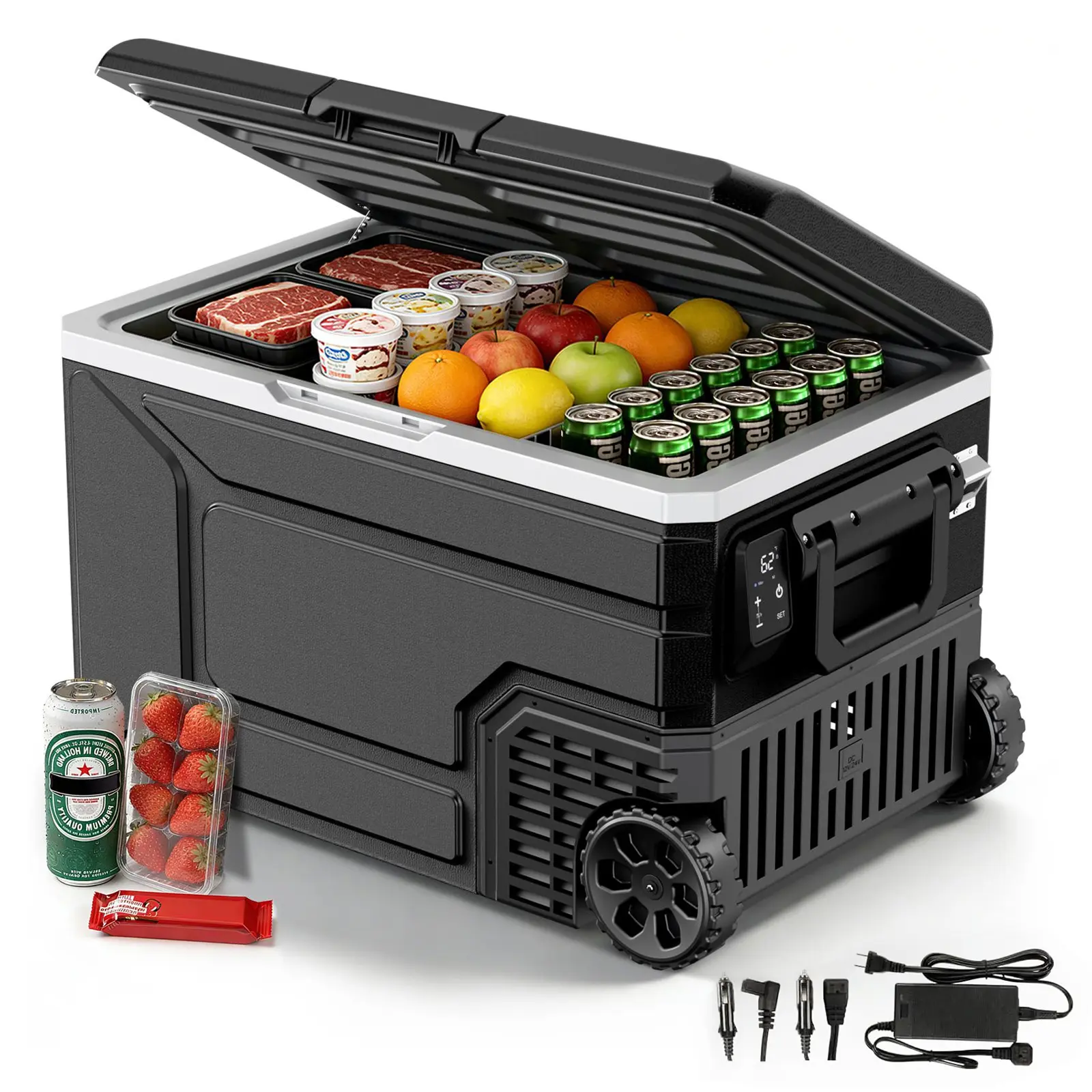 Kismile Large Size 12V Portable Refrigerator Beverage Cooler-42/53/68QT, Dual-Voltage 12V/24V DC, 2 Power Supplies, Switchable Dual Mode, Intuitive Display, -4°F to 68°F Freezer, Adjustable Wheels Handle for Car Camping, 4°F‑68°F Set Temp