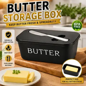 Large Plastic Butter Dish with Lid & Knife – Includes DIY Letter Stickers, Food Grade PP Butter Container for Refrigerator & Kitchen Counter, Black, Dishwasher Safe#SummerVibes