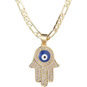 14K Gold Plated Evil Eye Hamsa Hand Necklace for Women Men| Gold Cubic Zirconia Inlay Evil Eye Pendant Necklace| 3mm Figaro Chain Necklace 18/22 inches