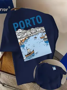 Men's Fashion T-Shirt 'porto' Letter Creative Pattern, Comfortable All Seasons, Loose Fit, Double-Sided Print