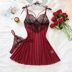 Women's Lace Nightgown Deep V-neck Rose embroidery Nightdresses