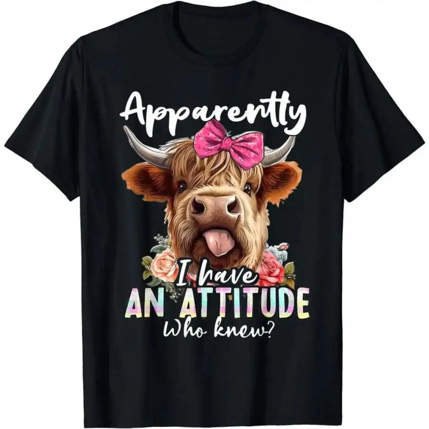 Highland Cow Apparently I Have An Attitude T-Shirt | Funny Cow With Bow Graphic Tee | Sassy Heifer Who Knew Print Shirt | Farm Animal Lover Gift for Women | Unisex Western Streetwear Top