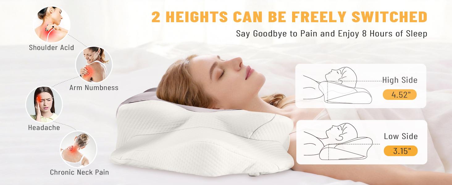 Silky Satin Ergonomic Contour Pillow, Dual Height Butterfly Cervical Support Memory Foam Pillow for Side Back Stomach Sleepers, Cooling Silk Surface Neck Pain Relief Bed Pillow