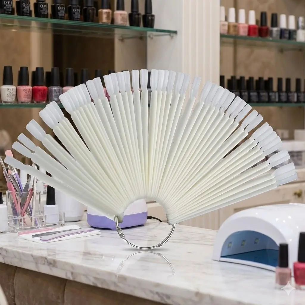 Professional Nail Art Fan Practice Board Set, 50 Pcs Nail Polish Display Stand with Holder for Fake Nails, Swatch Wheel & Training Tools for Salon and Home Use, Portable Anti-Scratch Round Corner Design