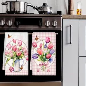 2pcs 23.6x15.7 In Pink Checkered Kitchen Towels Featuring A Tulip Design Reusable Absorbent Dishcloths Perfect For Mother'S Day Gifts Seasonal Kitchen Hand Towels Home Decor
