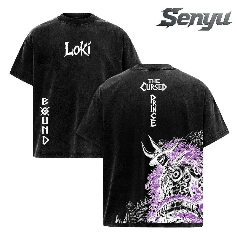 Men's Loki Washed Casual Graphic Tee - 1 Piece Elbaf Giant Prince Manga Double Printed Heavy Cotton Unisex Oversize Vintage Streetwear Apparel, Classic Menswear Round Neck Short Sleeve Soft Seamless Black Stylish Top Tshirt