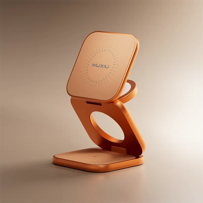 KUXIU X40 Turbo Qi2.2 Cert. Aluminium Magnetic 25W Speed Cordless 3-in-1 Folding Wireless Charger Stand - Cosmic Orange, for iPhone 17/16/15/14, iWatch, AirPods, Stable Fast Charging Mobile Phone Electronic Accessory