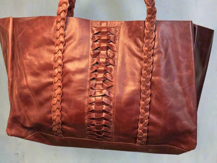 Untammed Traveler Weekender Bag - Leather Tote with Braided Straps & Fringe - Spacious Inside Pocket - Black Brown Red Options