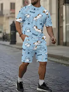 Cartoon puppy WOOF all-over print men's 3D digital printed two-piece set, 2Pcs, trendy and fashionable set, trendy retro casual two-piece set, vacation-style trendy outfit, breathable sporty casual style, a perfect holiday gift for men