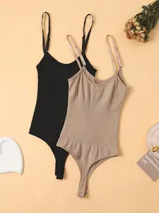 Seamless Triangle Bodysuit Black Apricot Set of Two Women's Summer Casual Daily Wear Basic Solid Color Slim Fit Stretchable Undergarment Top for Outfits