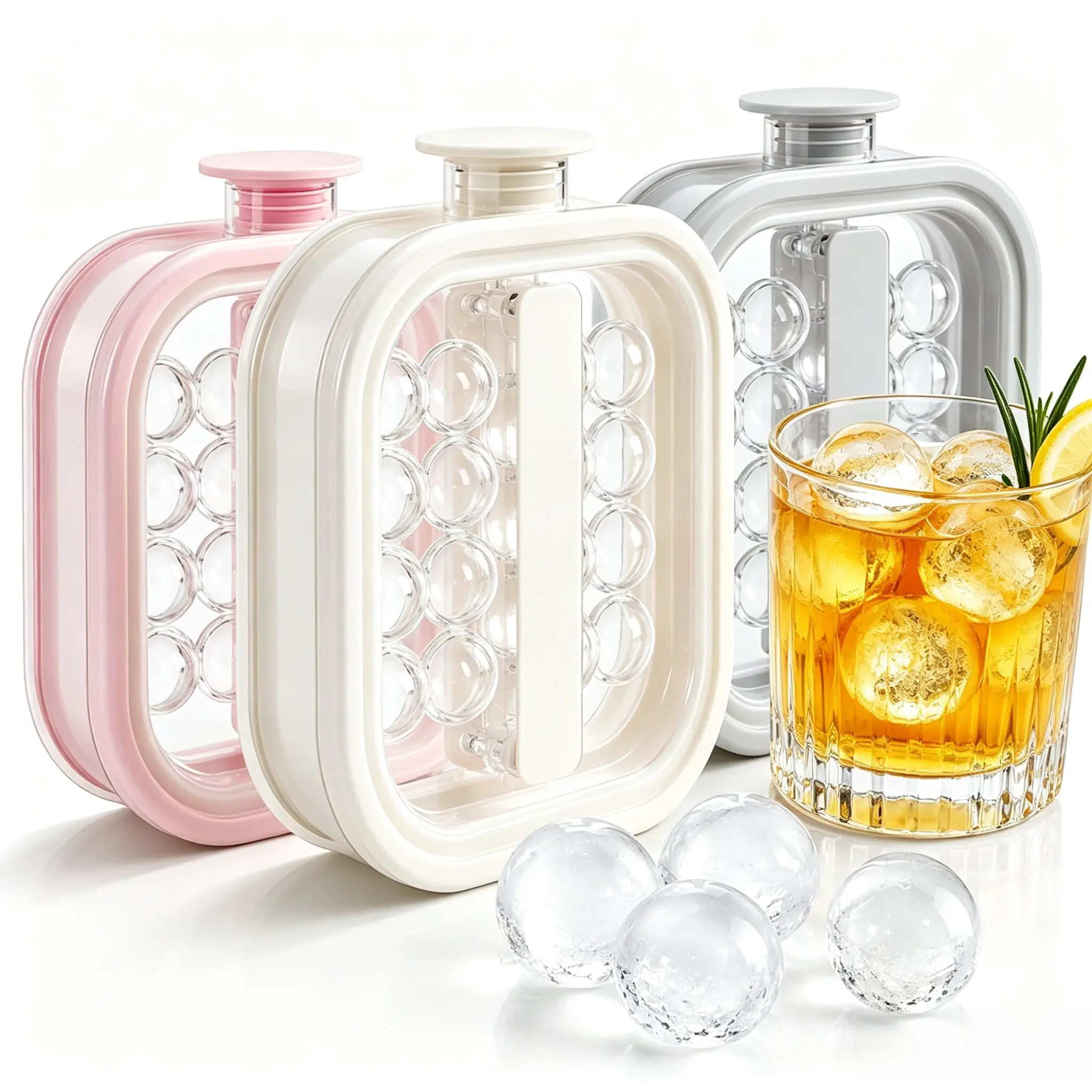 Plastic Ice Cube Tray Set - 3 Colors (Pink,White,Silver) - Large Whiskey Ice Cubes Maker - Home Bar Accessories - Easy to Use & Easy Cleanup Kitchen Utensil