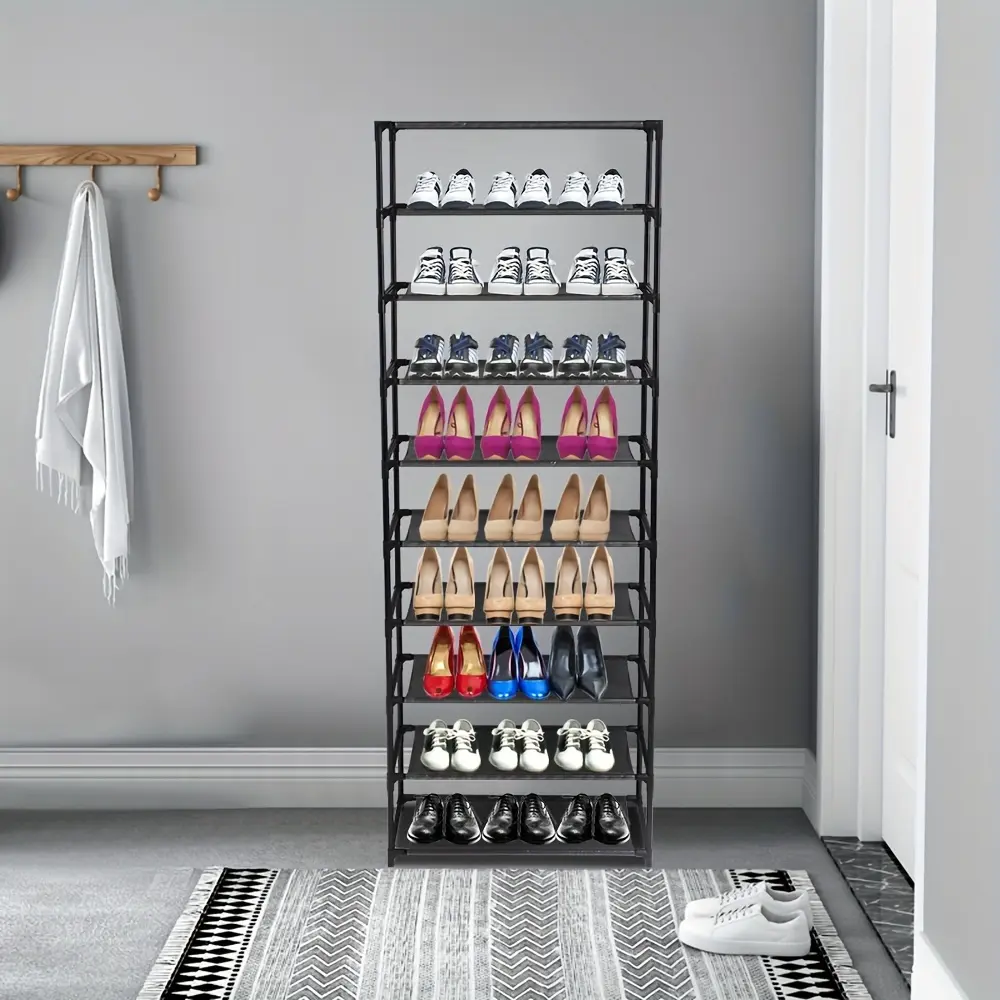 Space-Saving 10-Tier Shoe Organizer 1pc 30-Pair Metal Frame Rack - Dustproof Ideal for High-Heels & Footwear for Home Entryway Bedroom