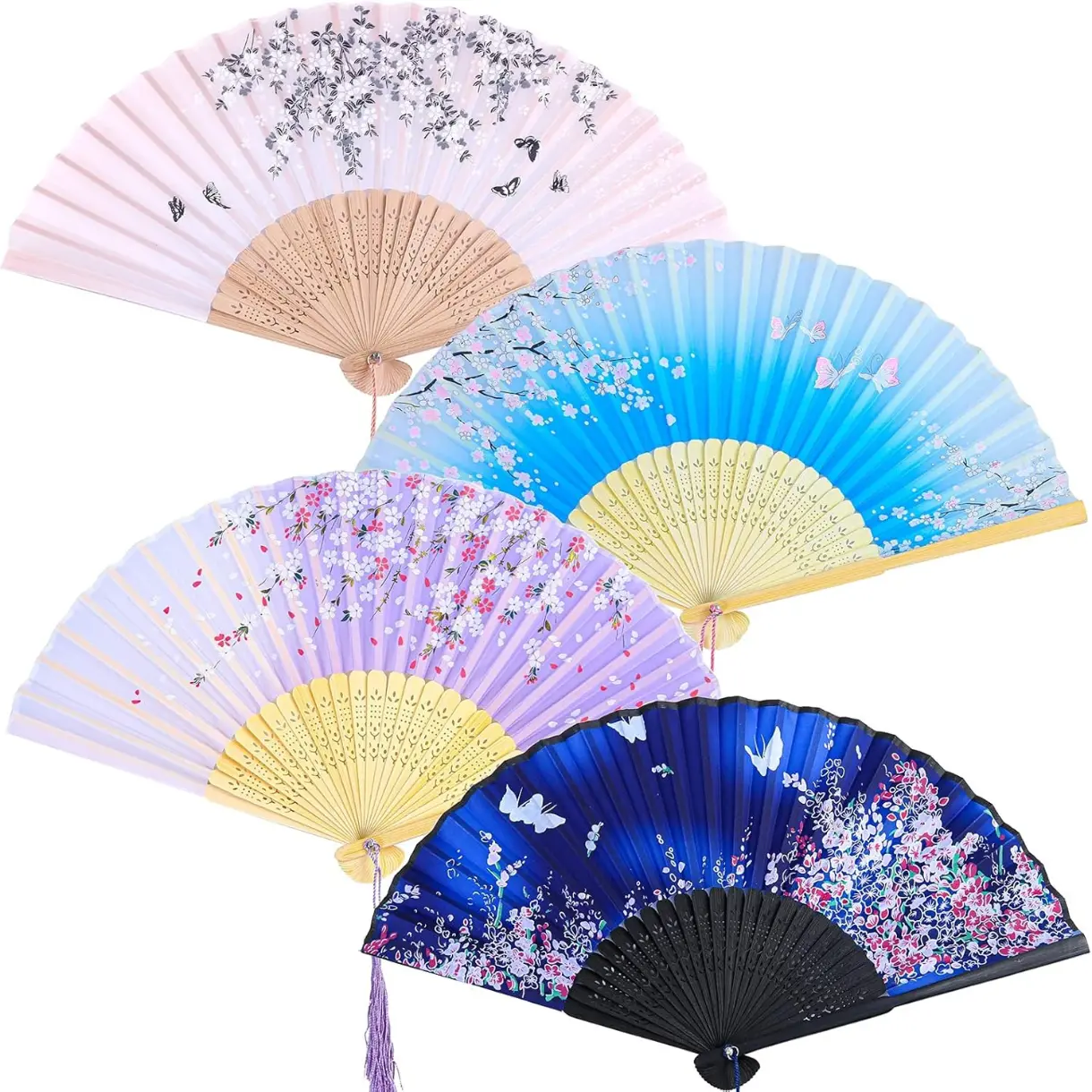 4-Piece Folding Fans, Silk Fabric, Handheld, Retro Design, Blue, Purple, Pink, 8.3" Folded, 15" Open, Home & Summer Decor