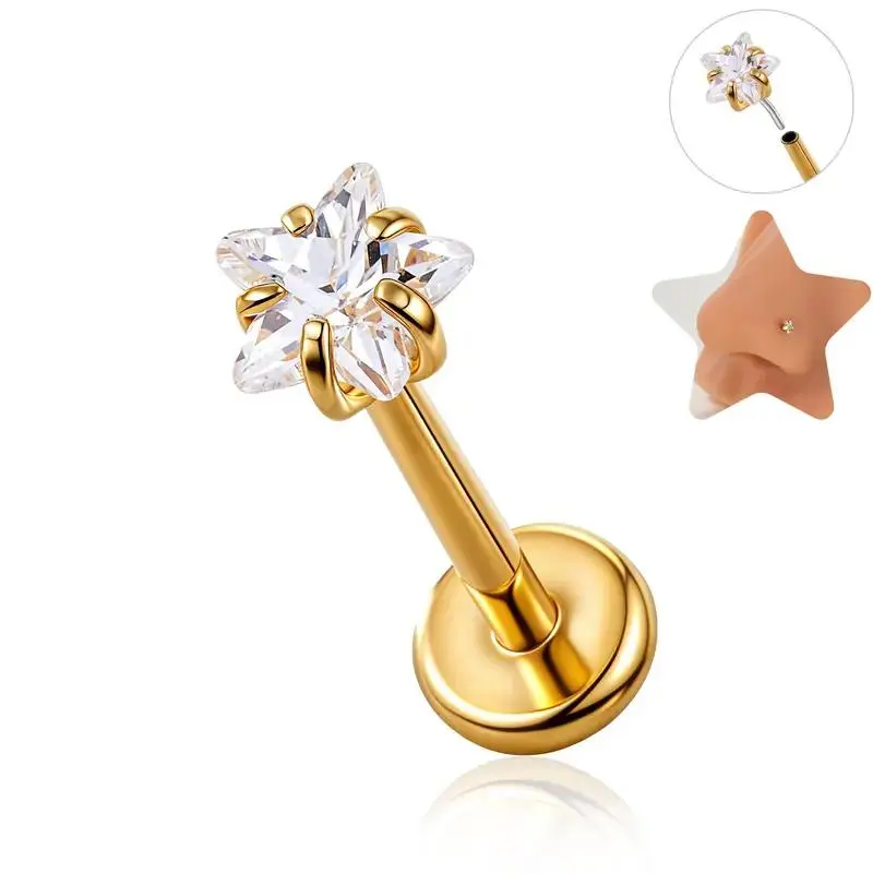 16G ASTM F136 Titanium Threadless Flat Back Stud | 8mm Heart/Star Gem for Nose, Helix & Lobe piercing earring zircon