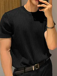 INCERUN Men's Solid Color Casual Streetwear T-Shirt, Round Neck Ribbed Short Sleeve Design, Perfect for Daily Wear and Sports Top