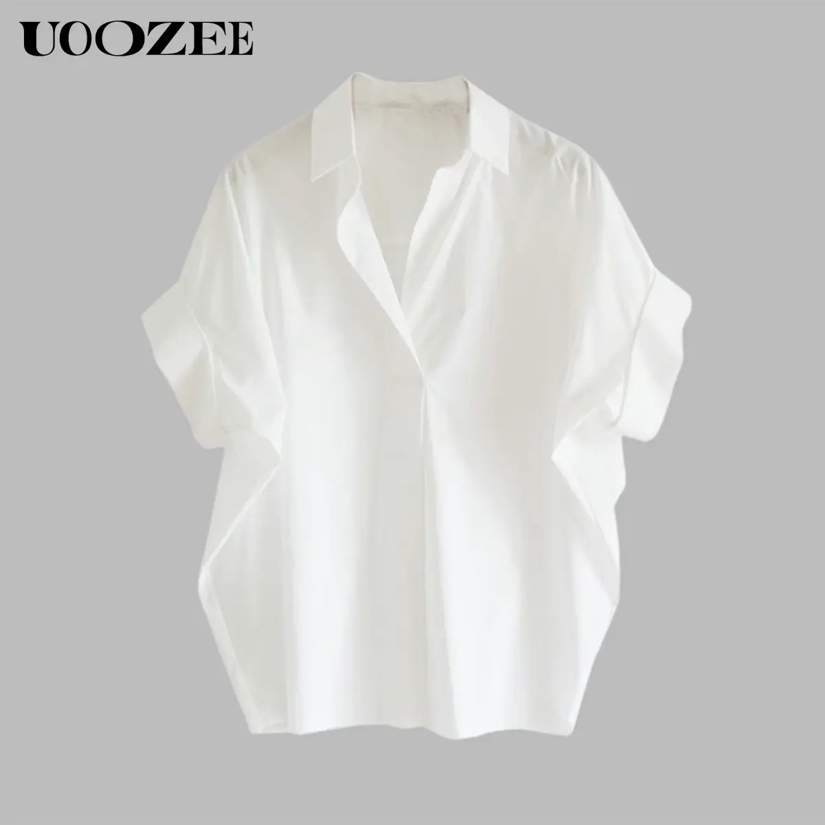 UOOZEE Women's Minimalist Solid Polyester Top, Ready-to-Wear Collared Shirt with Batwing Sleeves, Loose Casual Button-Front, Slightly Sheer