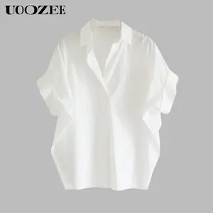 UOOZEE Women's Batwing Sleeves Loose Solid Color Lapel Collar Blouses & Shirts Tops - Slightly Sheer and Non - Elastic