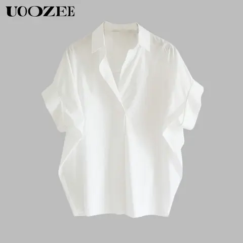 UOOZEE Women's Minimalist Solid Polyester Fabric Button-Front Blouse - Collared, Quick-Dry, Loose Batwing-Sleeve Casual Slightly Sheer Ready-to-Wear Top