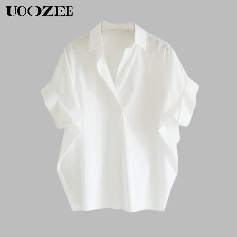 UOOZEE Women's Minimalist Solid Polyester Fabric Button-Front Blouse - Collared, Quick-Dry, Loose Batwing-Sleeve Casual Slightly Sheer Ready-to-Wear Top