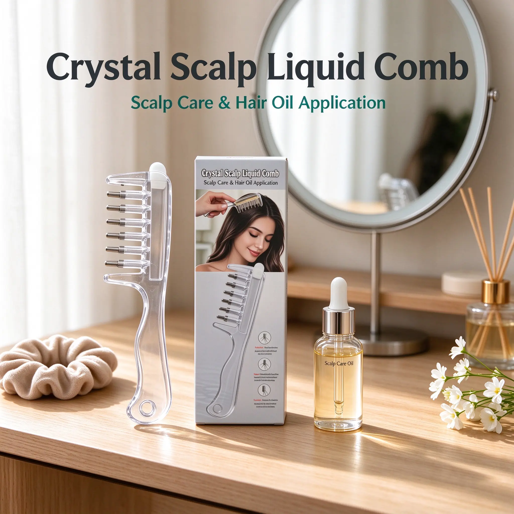 Crystal Hair Comb for Women, Clear Essential Oil Applicator Comb with Roller Ball, Refillable Hair Oil Dispenser Styling Comb, Fashion Hair Accessory for Updo & Hairstyling, Elegant Crystal Hair Piece