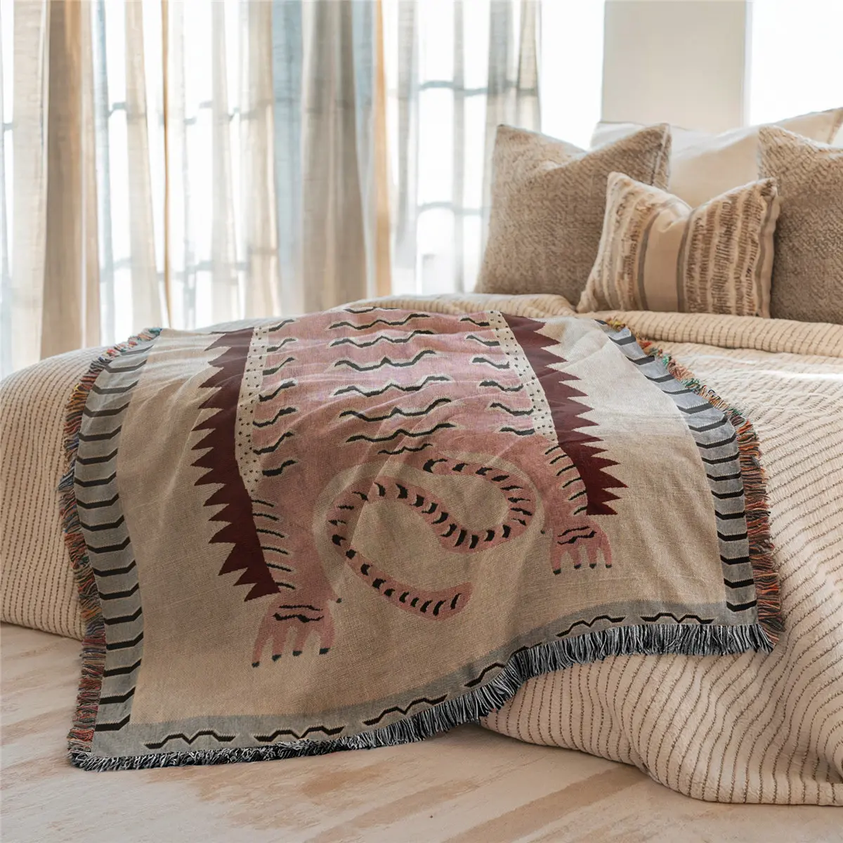 Multi-Function Tassel Woven Blanket - Pink Tiger Pattern Bed Blanket, Soft Woven Blanket, Also for Sofa Cover, Couch Throw, Armchair, Home Decor, Outdoor Picnic, Camping, Beach Towel, Blankets For Sofa