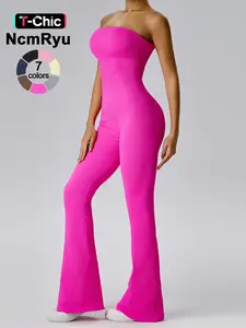 Women's Sexy Yoga Ribbed One Piece Tube Jumpsuit Rompers Flared Trousers Tights Push-up Sports Bodysuit Women Fitness Suit Workout Sportswear Gym Sportswear Jumpsuits