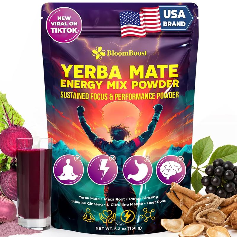 Yerba Mate Energy Drink Mix Powder with Maca, Ginseng, Beet Root, Electrolytes & B12 – Sugar-Free, Vegan, 5.3 oz (15 Servings)
