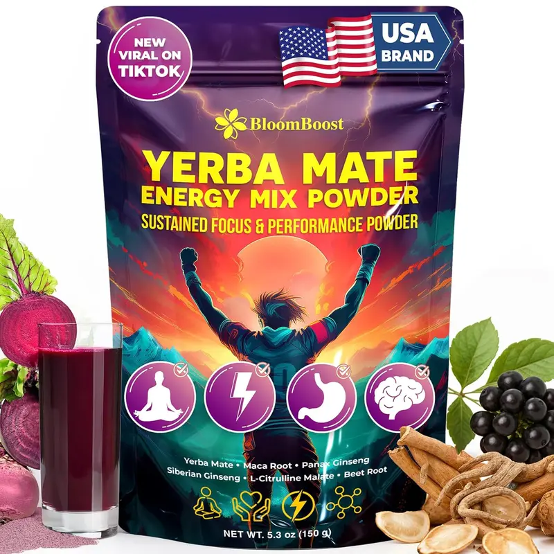 Yerba Mate Energy Drink Mix Powder with Maca, Ginseng, Beet Root, Electrolytes & B12 – Sugar-Free, Vegan, 5.3 oz (15 Servings)