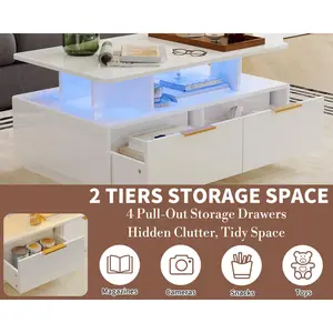 LED Coffee Table, Modern 2-Tier Center Table with Adjustable Color-Changing Lights, 4 Storage Drawers, Open Display Shelf, 35” Rectangular Sofa Side Table for Living Room, White