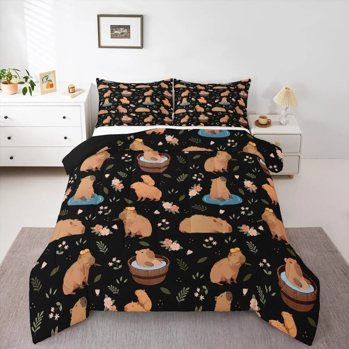 Cartoon Capybara Bedding Set,Capybara Decor Comforter Set Women Adults Bedroom,Pink Florals Black Comforter,Cute Rodent Animal Quilt