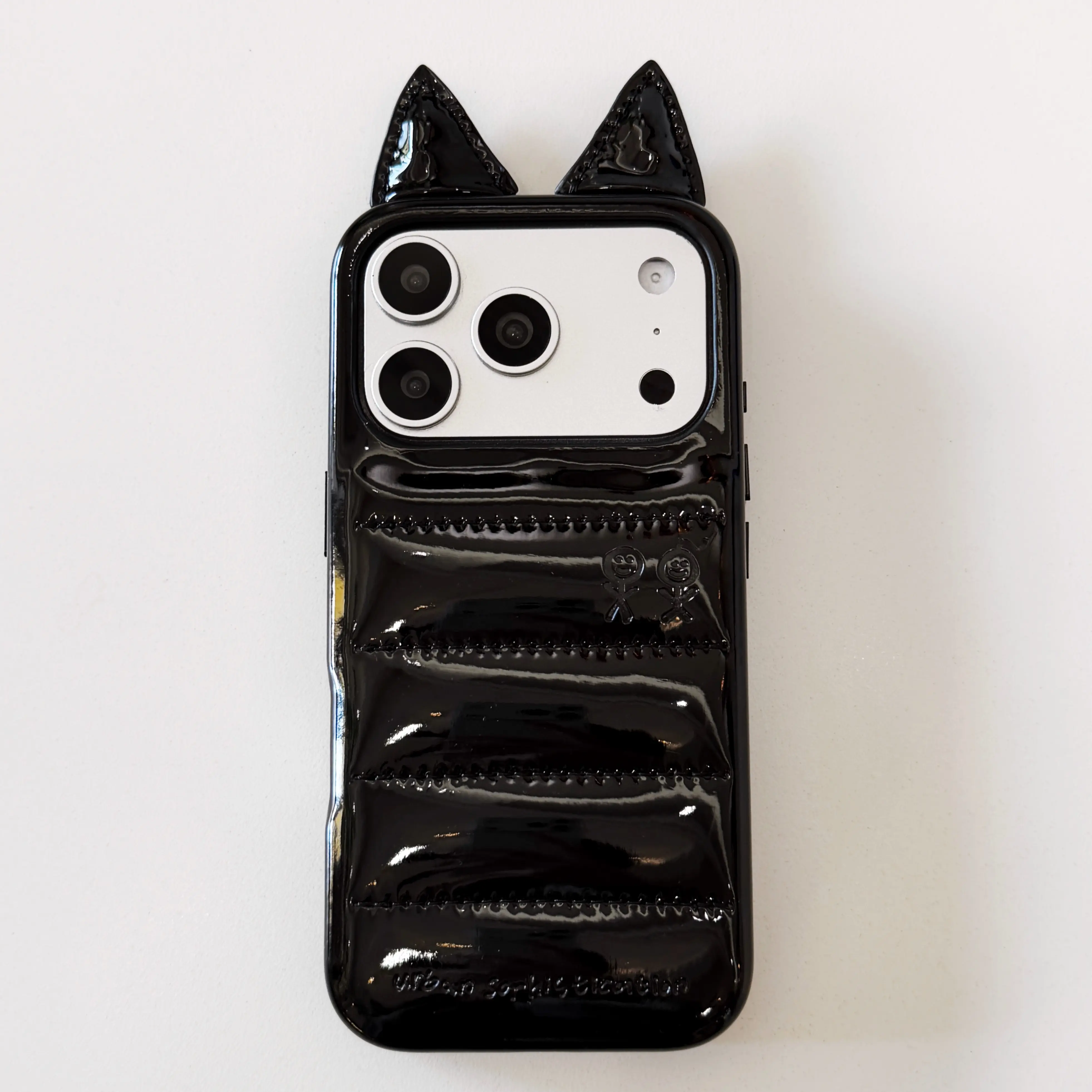 Glossy 3D Cat Ear Puffer Leather Phone Case for iPhone - Quilted Down Jacket Texture, Shockproof, Soft Aesthetic Protective Cover for Women shiny ideal birthday gift beautiful