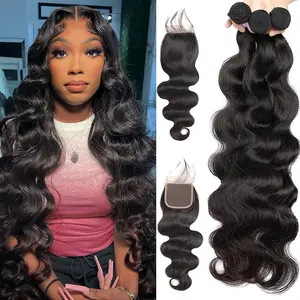 4x4 Closure With Bundles 28 30 Inch Brazilian Body Wave Bundles With Closure 3/4 PCS Human Hair Bundles With Closure Free Part