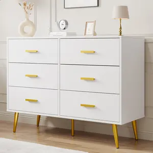 White Wooden 6-Drawer Dresser with Elegant Gold Knobs, Spacious Storage Chest, Modern Stylish Furniture for Bedroom, Living Room and Entryway