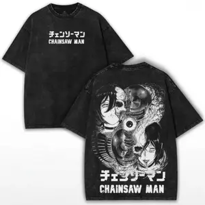 Black Washed Chainsaw Man Reze Hybrid Devil Vintage Grunge Giant Skull Third Eye Horror Anime Graphic T‑Shirt Oversized Cotton Crewneck Tee Streetwear Top for Alt Edgy Anime Streetwear Fans and Casual Daily Outings