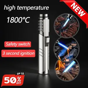 Windproof butane torch lighter, 1800°C, refillable, portable, safe lighter with safety lock, quick ignition, suitable for candles, fireplaces, barbecues, outdoor cooking, office furniture accessories, and camping gifts. No batteries required.