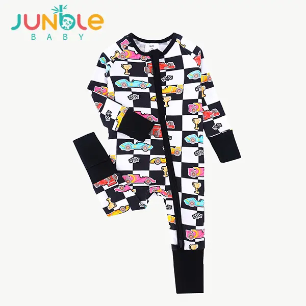 Retro Race Car Bamboo Baby Pajamas  Checkerboard Vibe + 2-Way Zipper | JUNBLEBABY