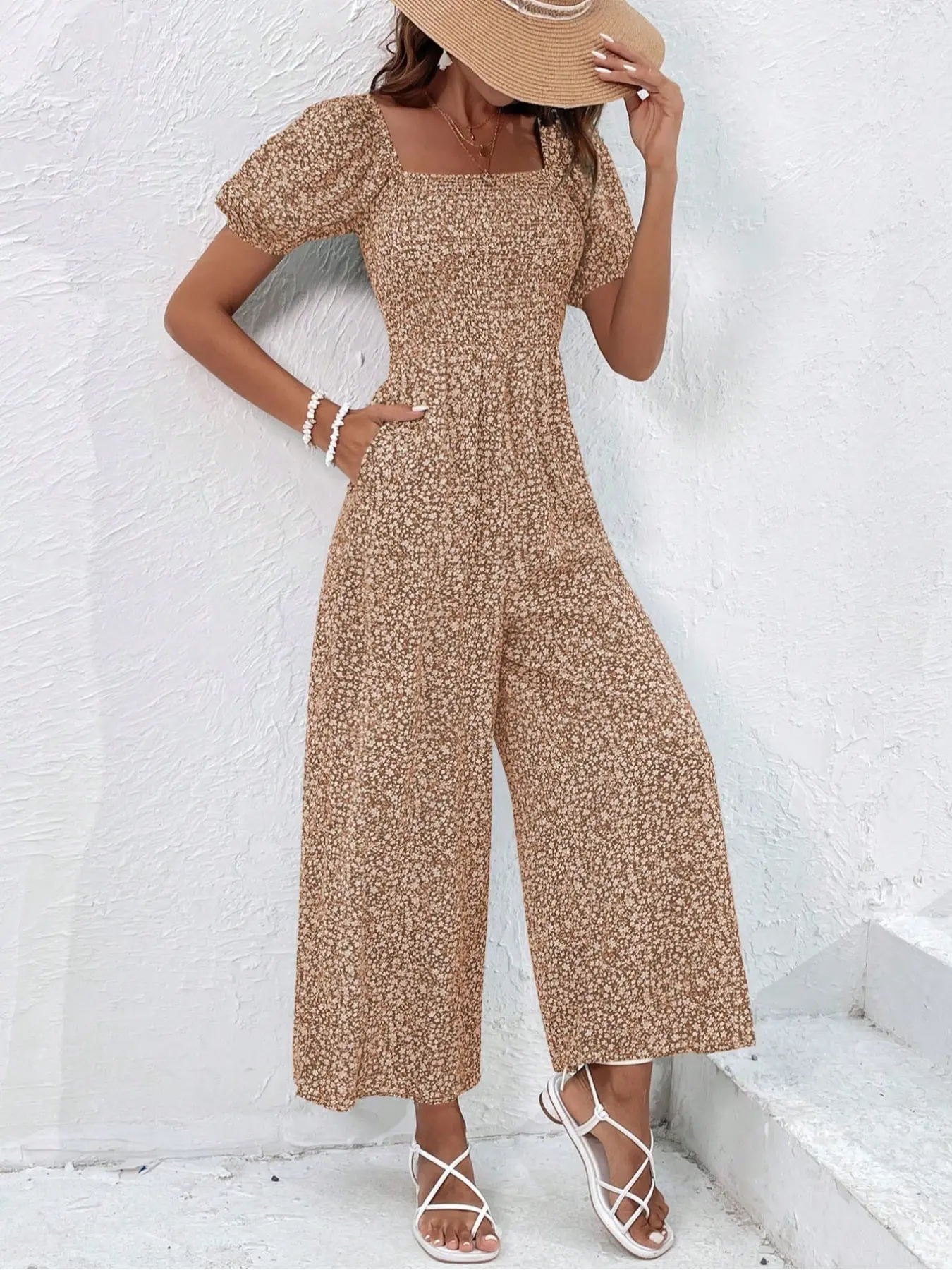 Floral Print Woven Puff Sleeve Bodycon Women Jumpsuit Romper, Floral Jumpsuits, Short Flounce Sleeves, Elegant One-Piece, Fitted Casual Boho, Summer, Perfect for Parties & Events