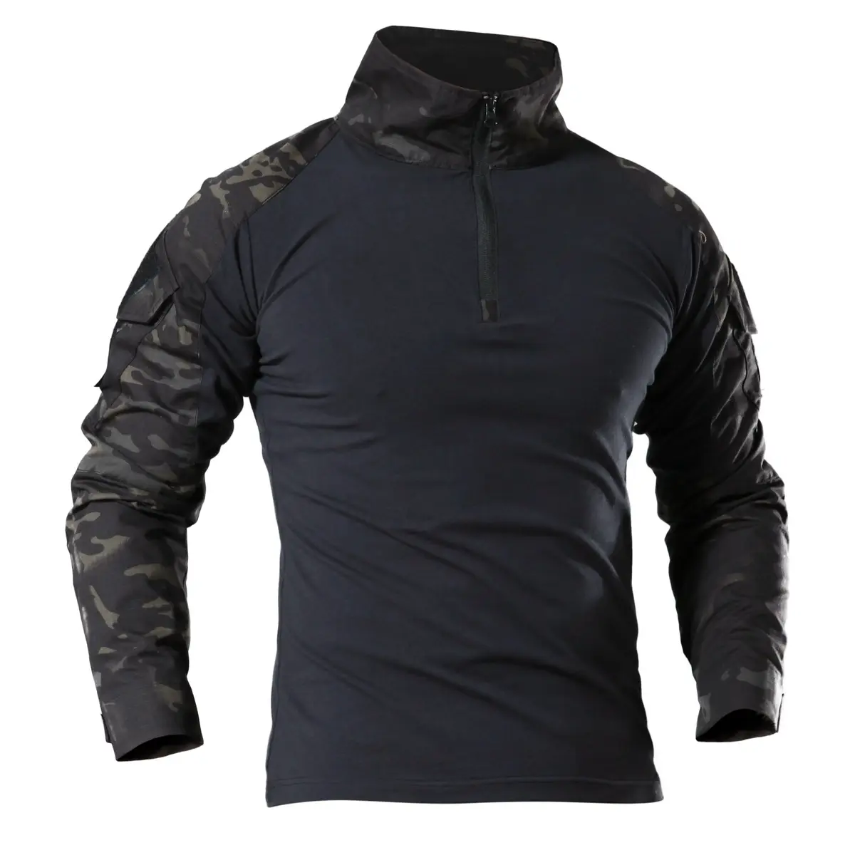 Men's Tactical Camouflage Stretch Fit Top - Moisture Wicking and Abrasion-Resistant with Utility Pockets for Outdoor Workwear, Garment, Combat, Mesh Panels
