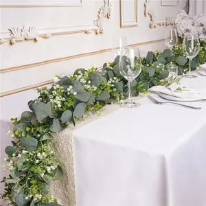 2 Pcs Eucalyptus Garland with White Flowers,5.9FT Artificial Greenery Garland Fake Vines Eucalyptus Garland for Wedding Centerpiece Table Party Indoor Outdoor Wall Decor