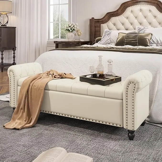 [Summergarden] Vabches Bedroom Bench, End of Bed Bench with Storage, Bed Benches for Foot of Bed, Faux Leather Window Bench with Rolled Arms, Upholstered Storage Bench with Tufted Button and Nailhead Trim