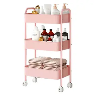3 Tier Rolling Metal Storage Cart with Wheels, Utility Organizer Trolley for Kitchen, Bathroom, Narrow Spaces, Bedside, Office